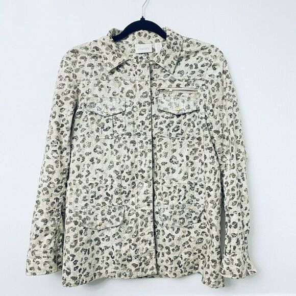Chicos Absolutely Animal Utility Jacket Cheetah Leopard Cream Full Zip Size 0 XS - Picture 1 of 12